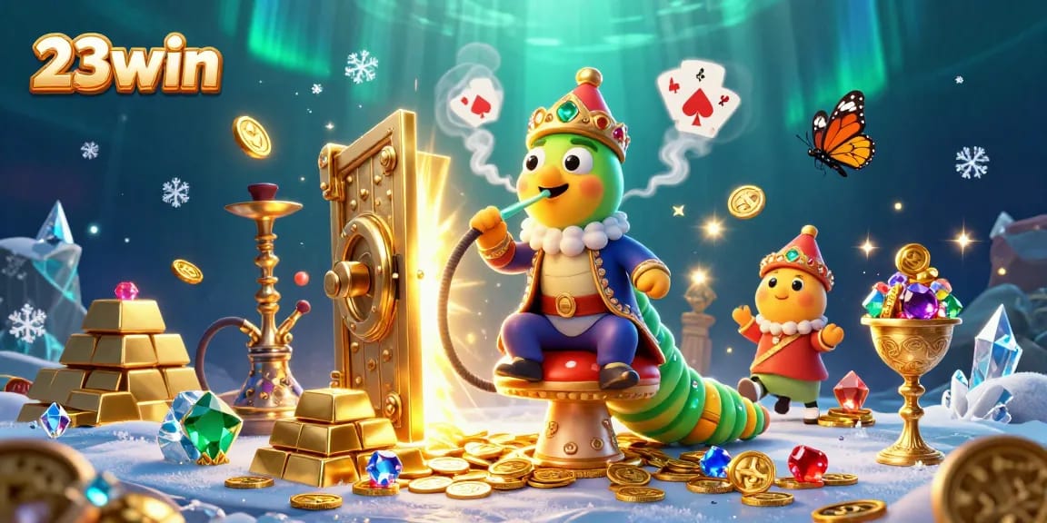 Engage your luck with 23win, where a magical caterpillar meets poker elements in a riches-filled casino.