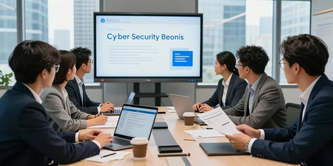 Team discussing cyber essentials cost during a professional meeting, showcasing strategic approach to cybersecurity certification.