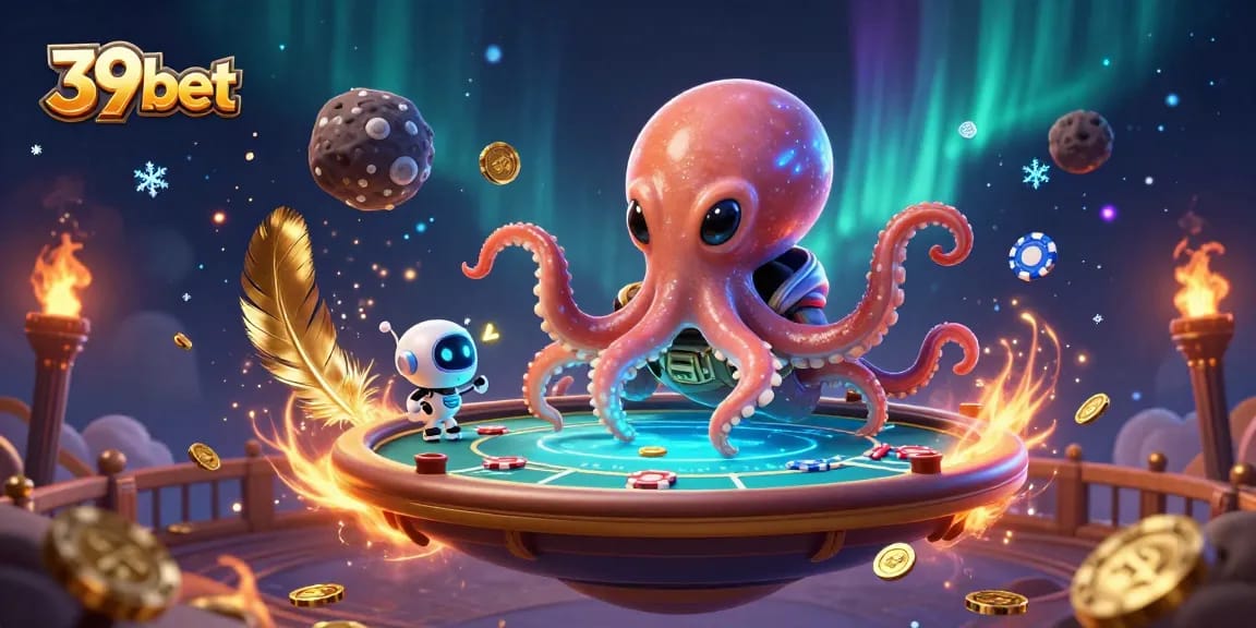 Experience the excitement of 39bet with a vibrant 3D casino scene featuring unique poker elements and lively characters.