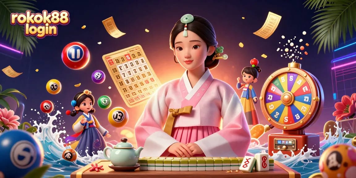 Engage in the excitement of rokok88 login with colorful lottery elements in a vibrant 3D casino setting.