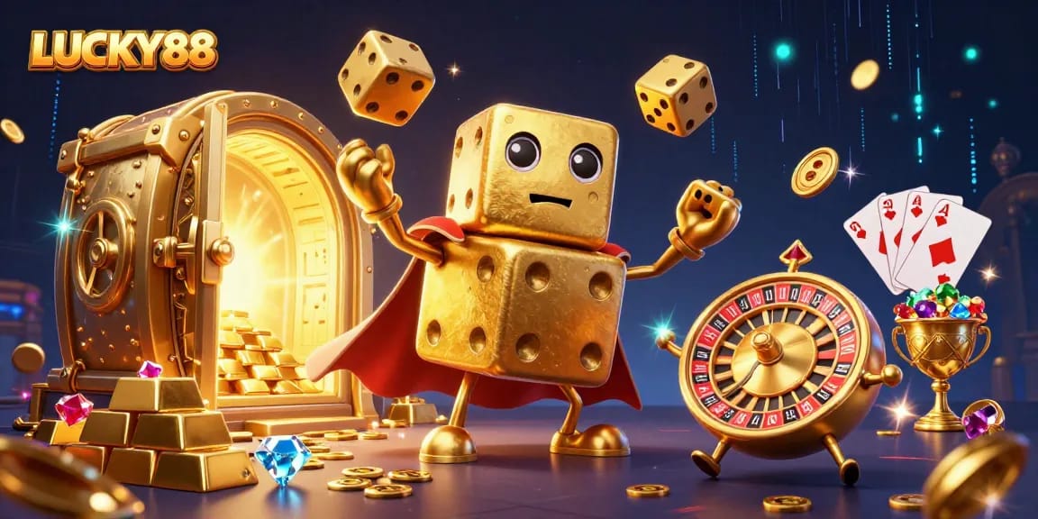 Engage with LUCKY88 as golden dice come alive, showcasing a vibrant casino world full of treasures.