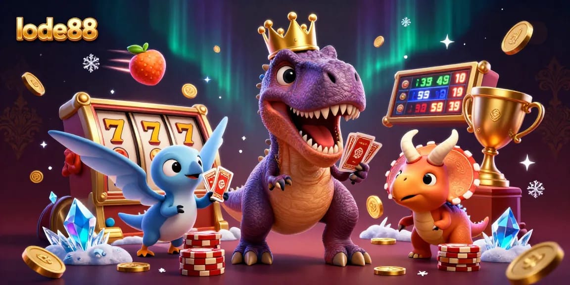 Experience the fun of lode88 with friendly dinosaurs gaming in a vibrant 3D casino scene.