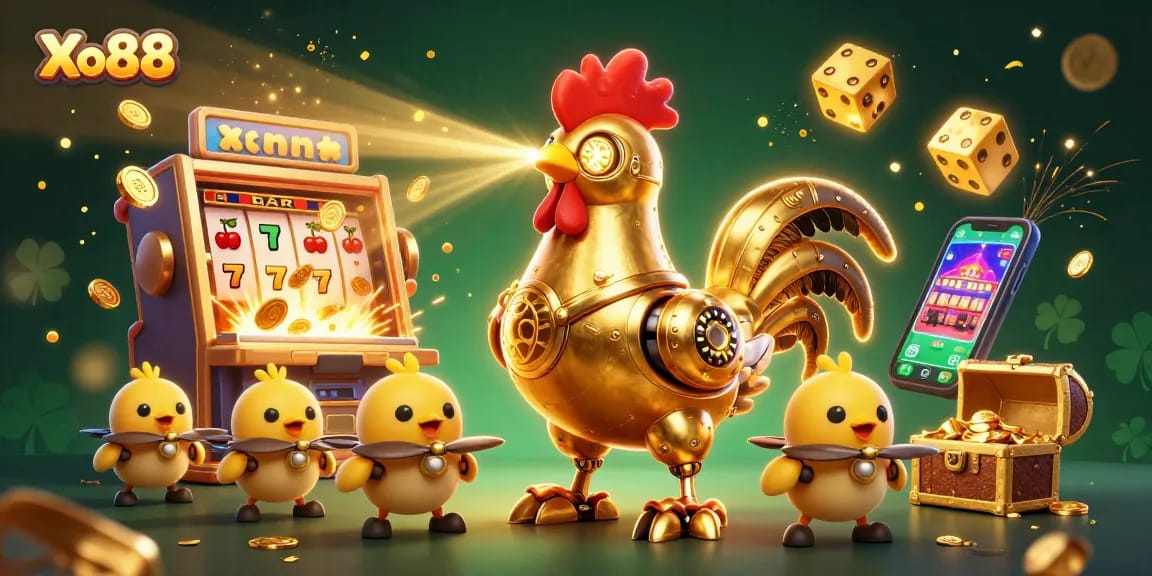 Engage in exhilarating games with Xo88's retro-futuristic animated casino scene featuring slot machines and gold!