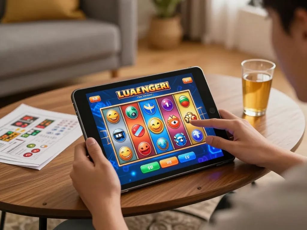 Engaging player betting on slot luar negeri through tablet in a cozy home environment.