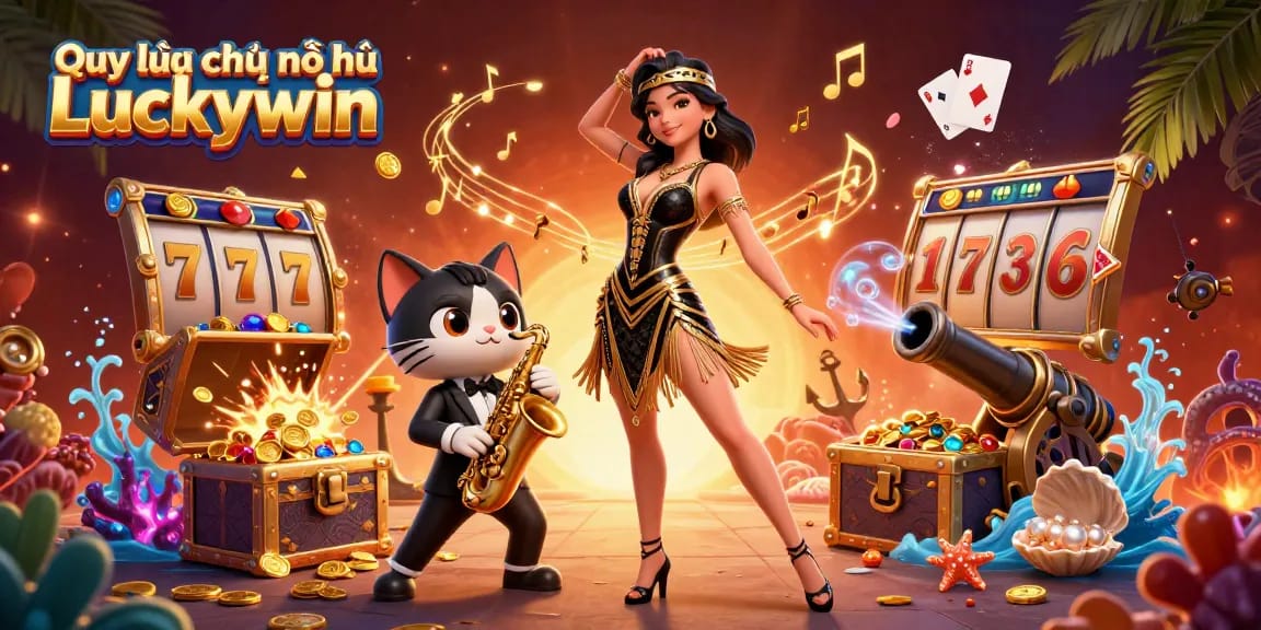 In this vibrant 3D illustration, Quy luật chơi nổ hũ Luckywin showcases dynamic slot reels and a stunning dancing woman, enriching the casino experience.