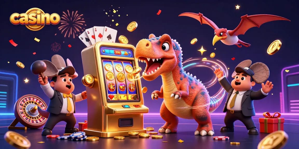 Casino-themed scene featuring a dinosaur jackpot win, golden coins, and vibrant gaming elements.