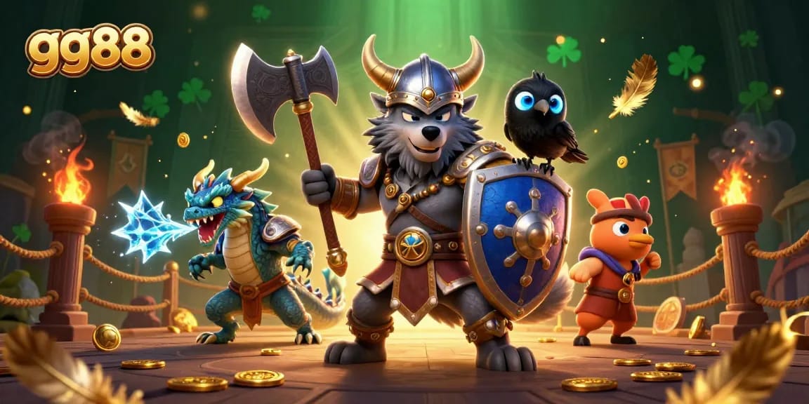 Win big at gg88 with a dynamic 3D illustration featuring a Viking warrior and thrilling gaming elements.