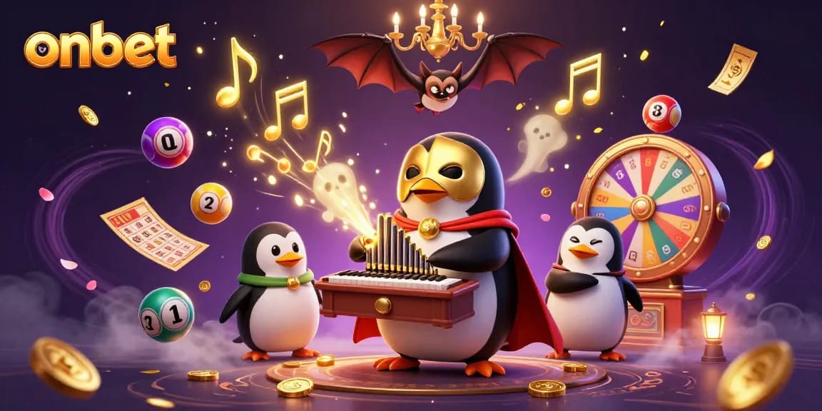 Engage with exciting games at onbet, where a cartoon penguin plays for gold in a dreamlike casino.