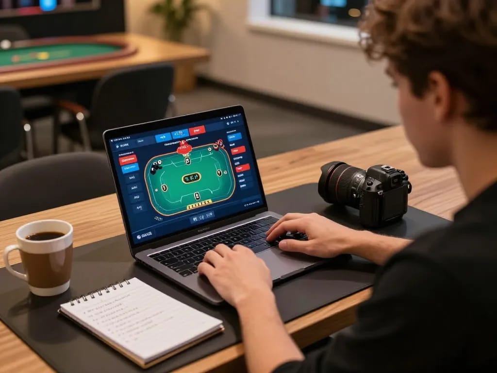 Player engaged in online casino gaming on laptop while analyzing strategy notes, showcasing mm88 gaming excitement.