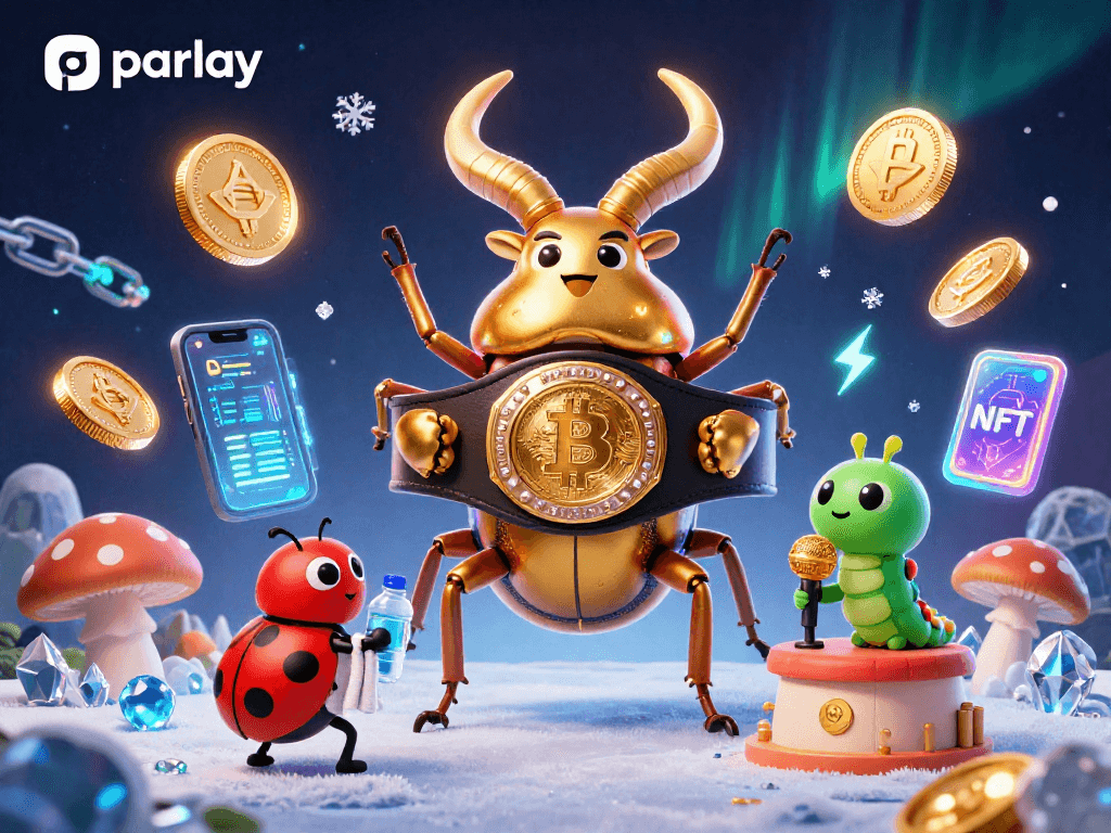 Engage in the parlay excitement with cartoon characters in a crypto casino scene, showcasing vibrant elements.