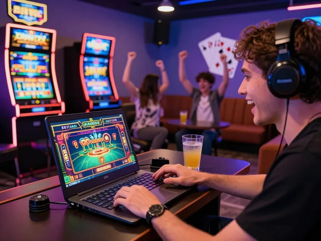Exciting gaming scene showcasing RR88 with a player enjoying casino games, vibrant decor, and lively atmosphere.