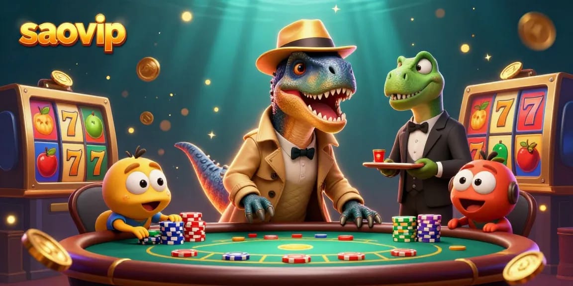 Experience saovip with an engaging casino scene featuring a velociraptor and a stegosaurus amidst vibrant slot elements.