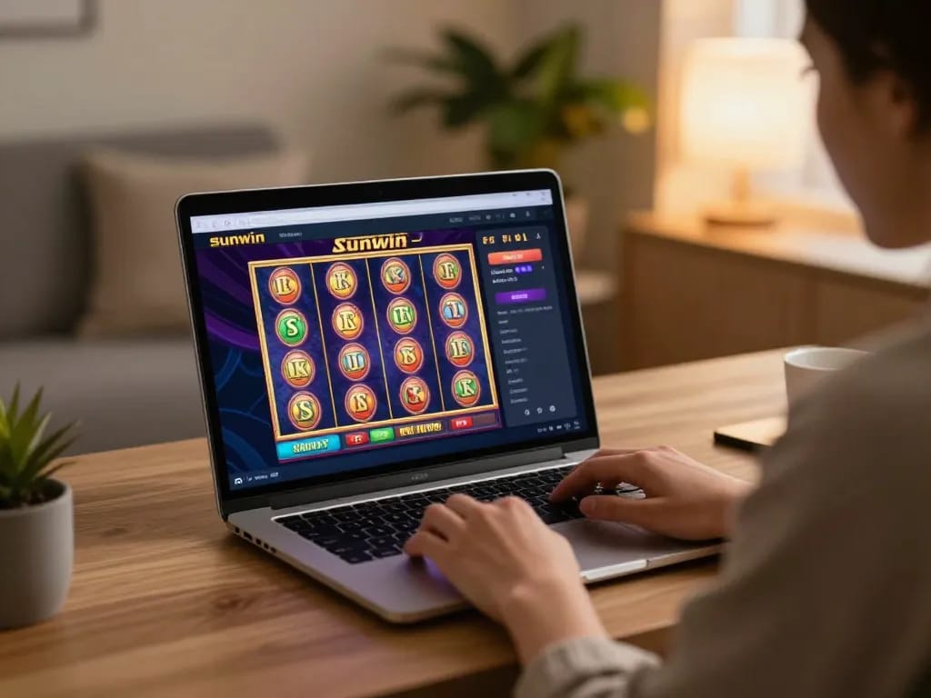 Engaging online gambling at sunwin with vibrant slot games on a laptop in a cozy home office.