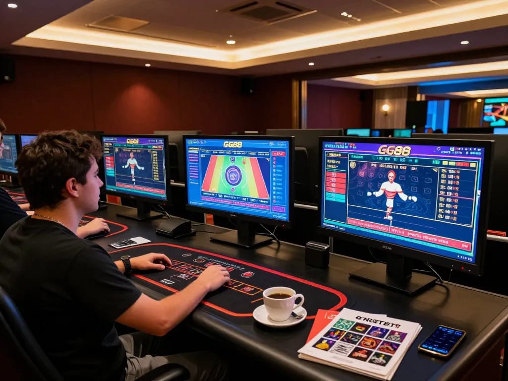 Engaging player enjoying GG88's online casino games with multiple screens and strategic notes