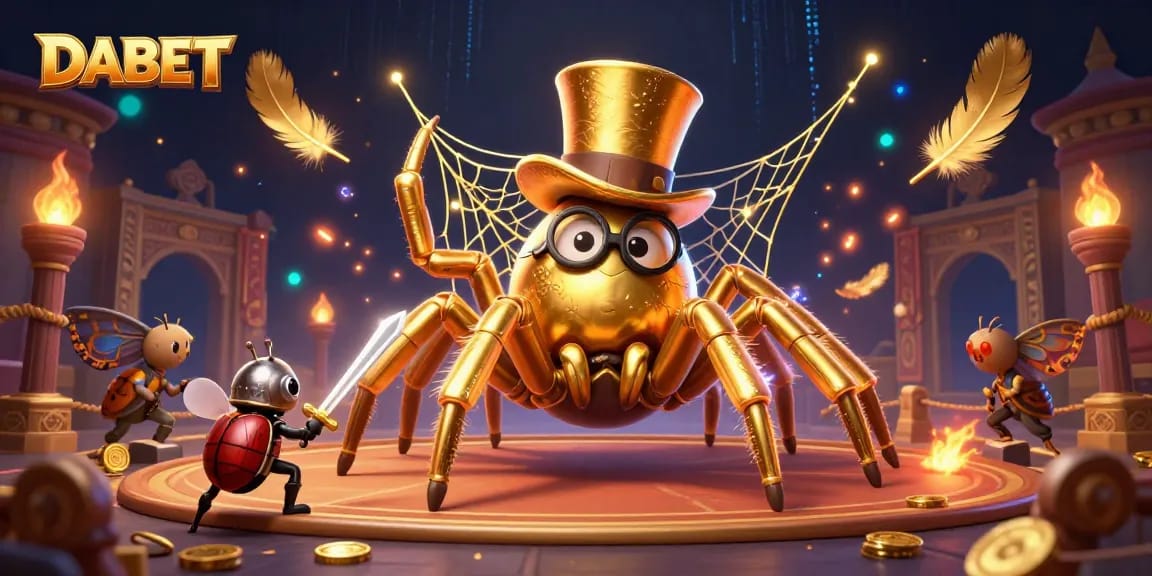 DABET engages players with a whimsical scene featuring a golden tarantula and a beetle knight in a vibrant casino setting.