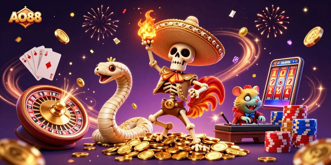Celebrate wins with AO88: a vibrant casino scene featuring lively characters and dynamic game elements.