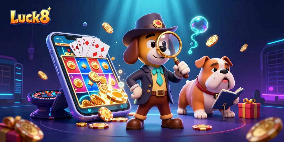 Experience Luck8 with a detective uncovering treasures among vibrant casino elements.