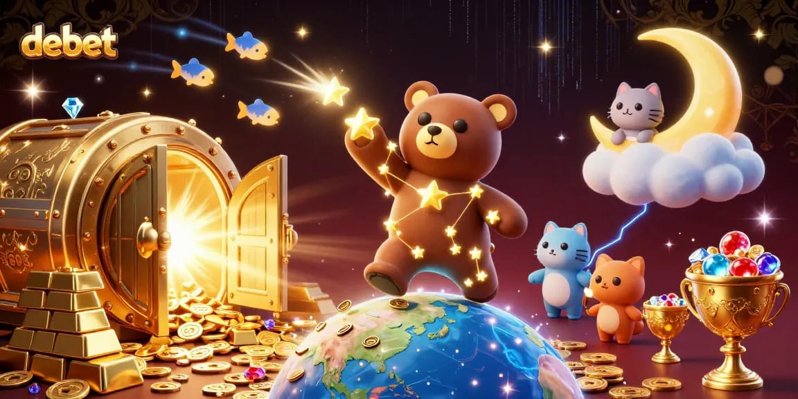 Experience debet's dynamic casino world with treasure, characters, and vibrant elements.