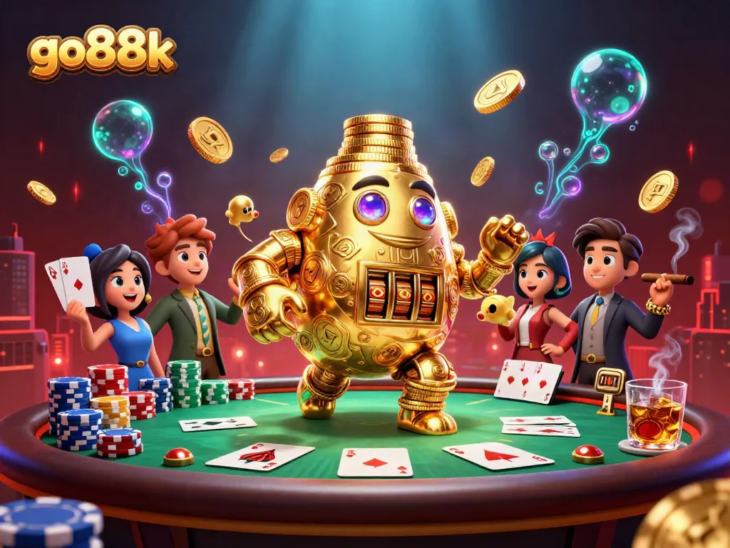 Witness go88k's vibrant online casino scene with a golden golem amidst poker action.