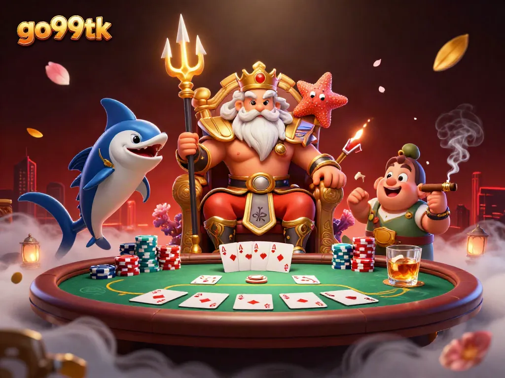 Experience the excitement of go99tk with Neptune and gambling elements in a vibrant, rich scene.