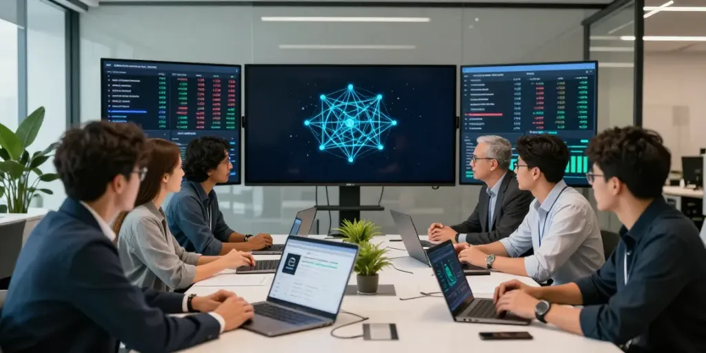 Professionals discussing kHYPE liquid staking in a high-tech office setting.
