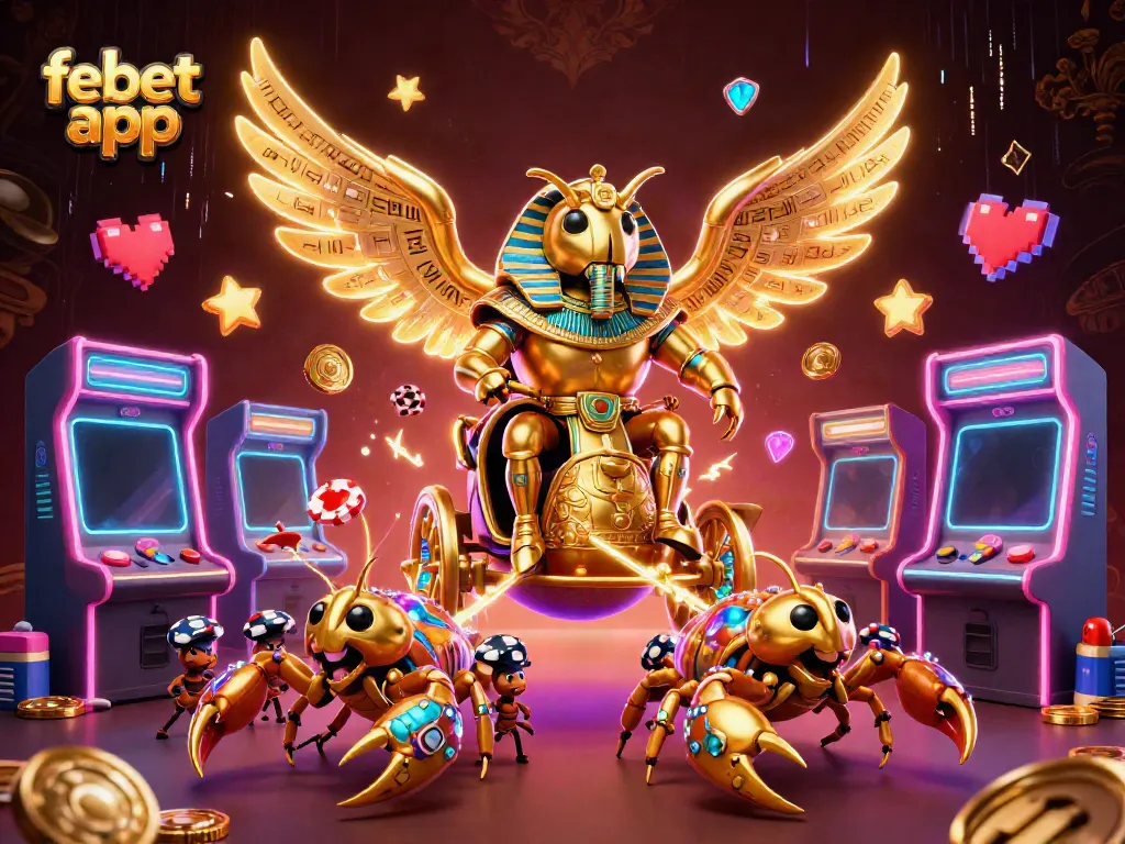Join the action with febet app, a vibrant 3D casino scene full of excitement and gaming elements.