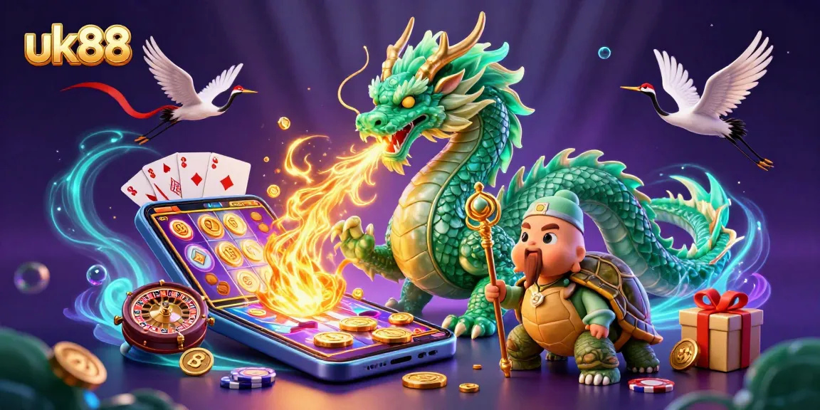 Engage in thrilling gaming experiences with uk88's vibrant 3D dragon and rich casino elements.
