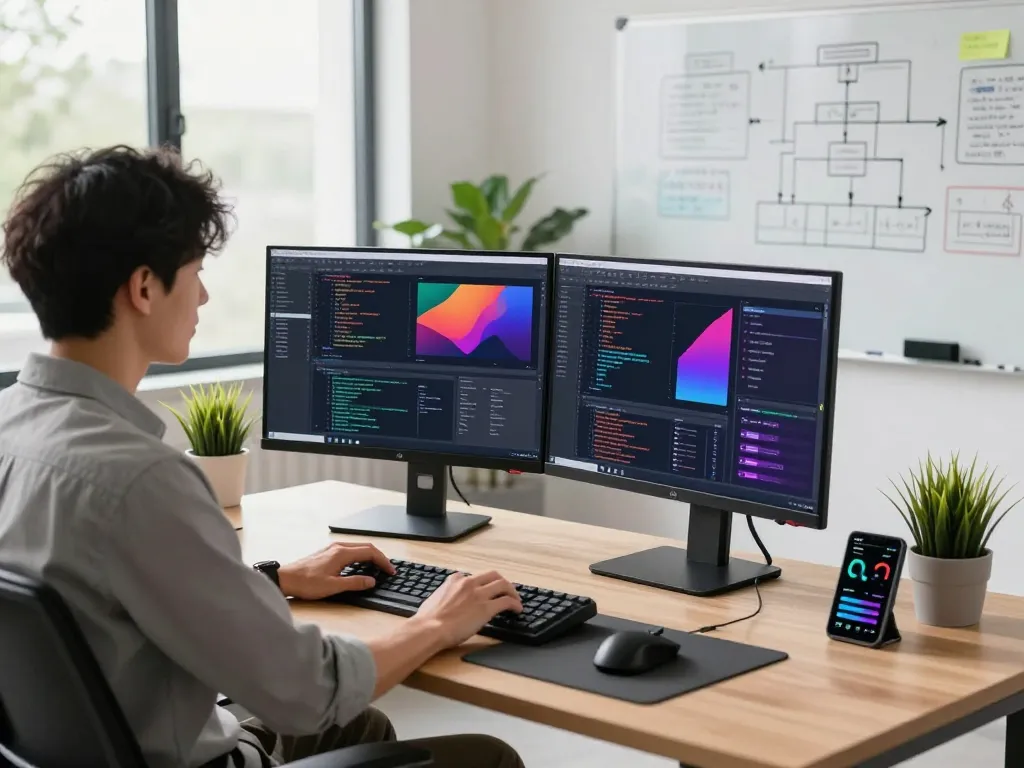 快连 software engineer coding in a modern tech office, showcasing dual monitors and vibrant UI design.