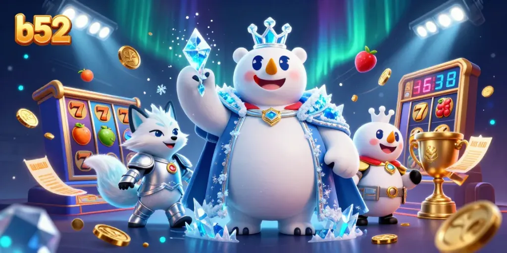 Bet on b52 slots with a vibrant polar bear and fox in a dynamic casino scene.