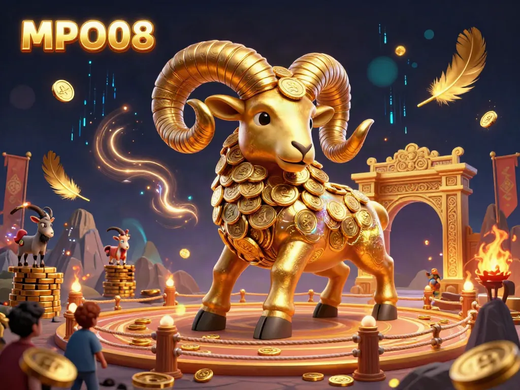 Experience winning strategies with MPO08's golden ram amidst vibrant casino symbols.