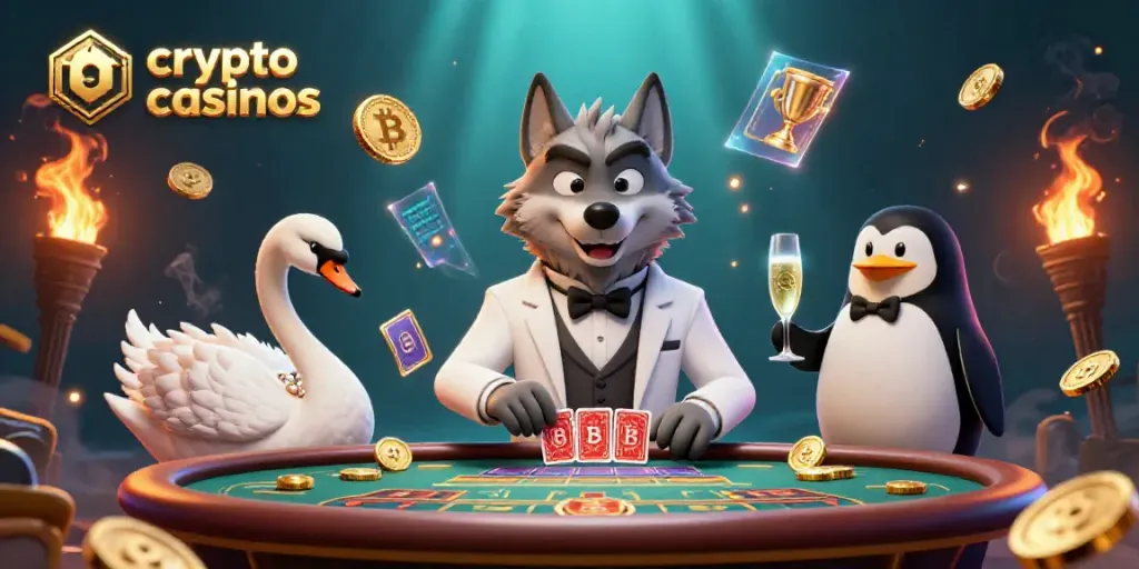 Experience the top crypto casinos with a vibrant 3D scene featuring a debonair wolf and elegant characters at a baccarat table.