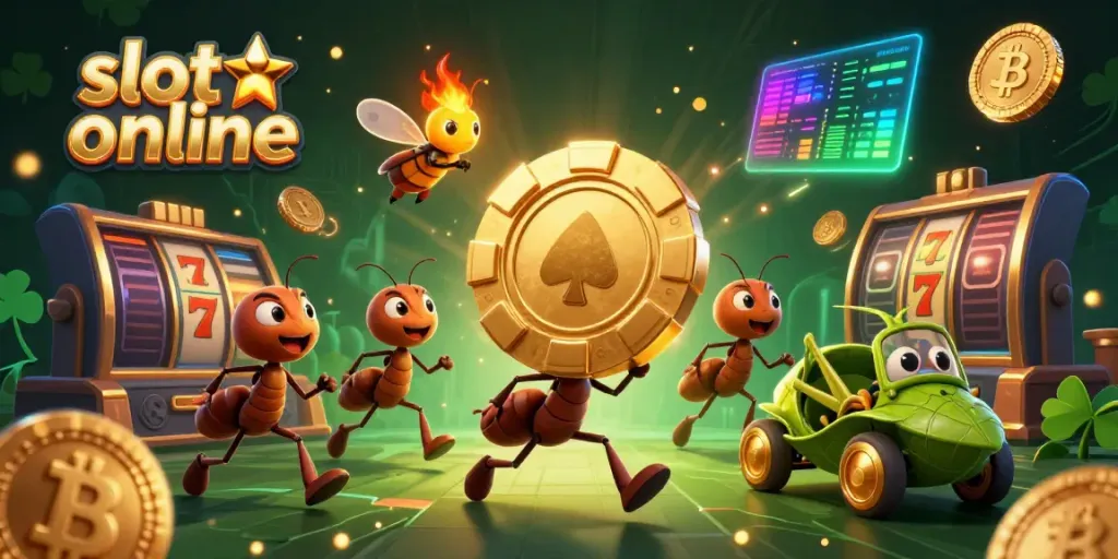 Engaging scene featuring a heist with ants and gambling elements, highlighting slot online excitement.