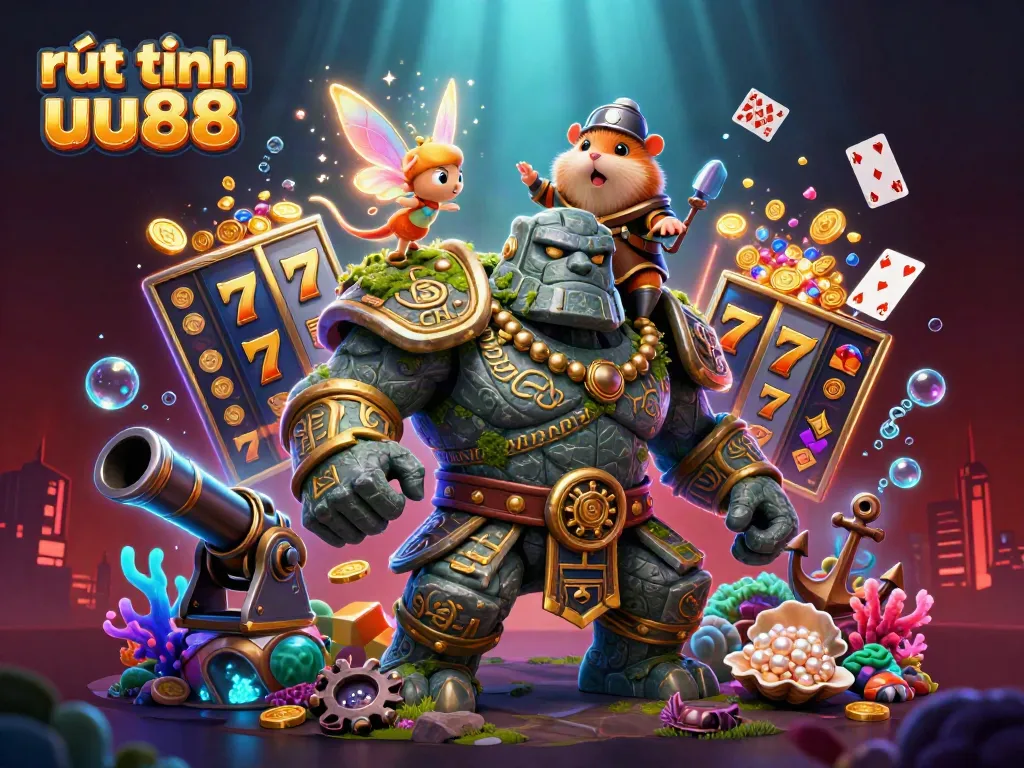 Engage with rút tiền uu88 featuring a dynamic 3D scene with colorful jackpots, characters, and casino elements.
