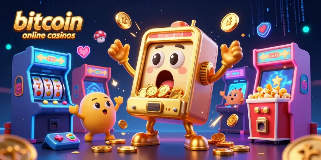 Witness the excitement of bitcoin online casinos as a golden slot machine celebrates a jackpot amid cheering baby slots and golden popcorn.