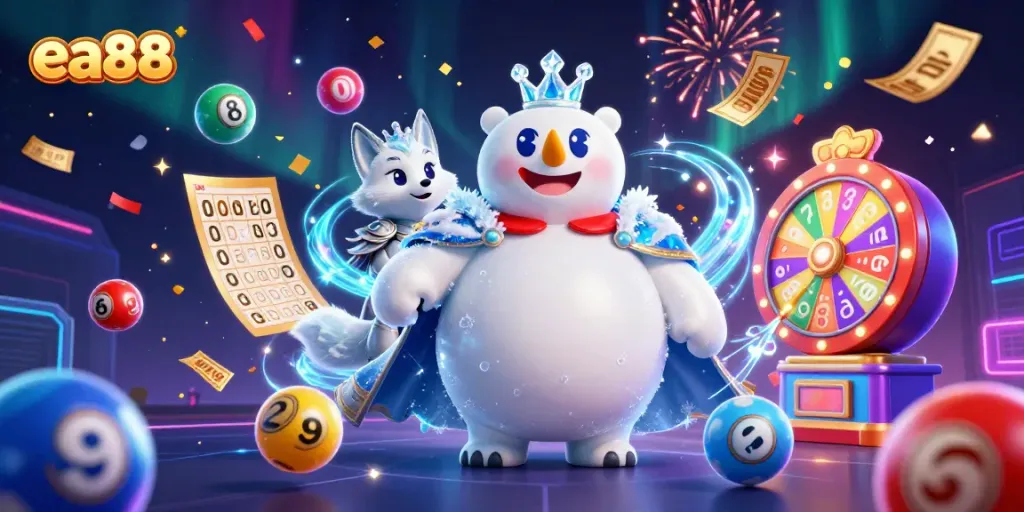 Win big with EA88 in this vibrant 3D illustration showcasing dynamic lottery elements and festive energy.