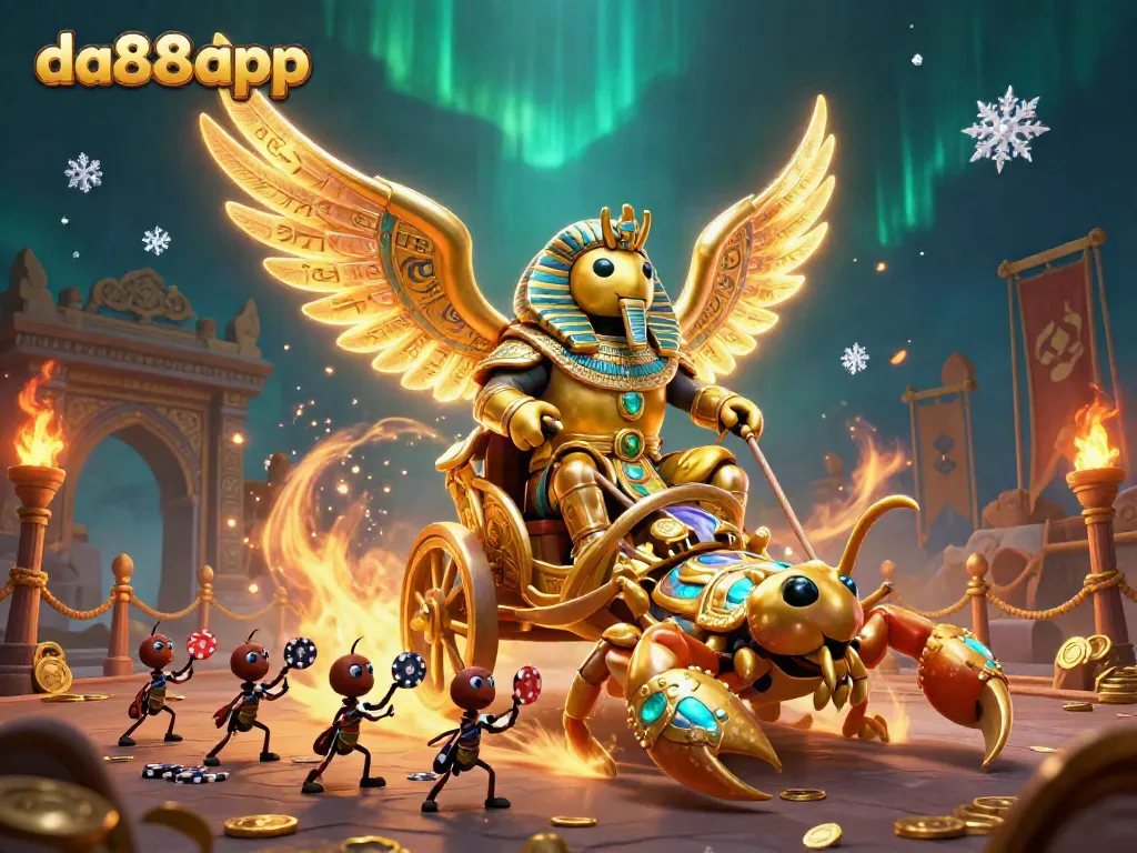 Engage with da88app's ultimate gambling adventure featuring a golden beetle and scorpions amidst a dynamic casino scene.