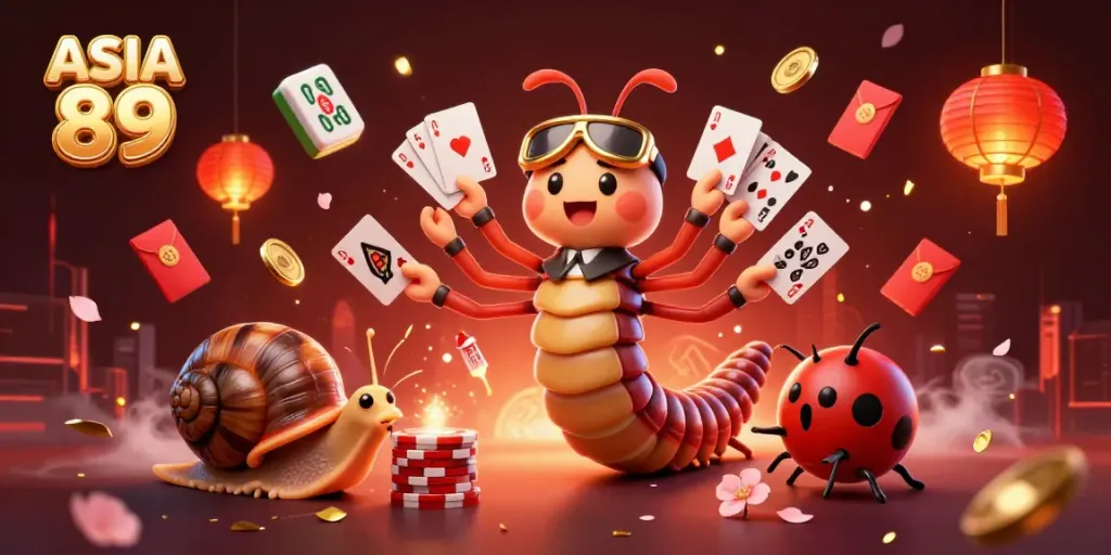 Experience the lively energy of ASIA 89 with a 3D illustration depicting a vibrant casino scene featuring whimsical characters and gaming elements.