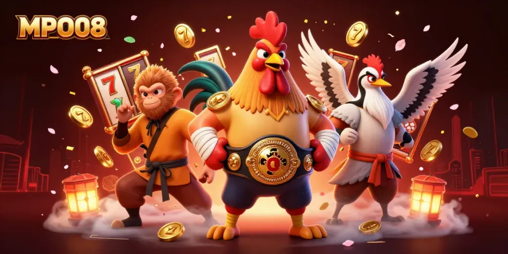 MPO08 showcases an engaging casino scene featuring a Muay Thai rooster and a Shaolin monkey, with vibrant slot reels.