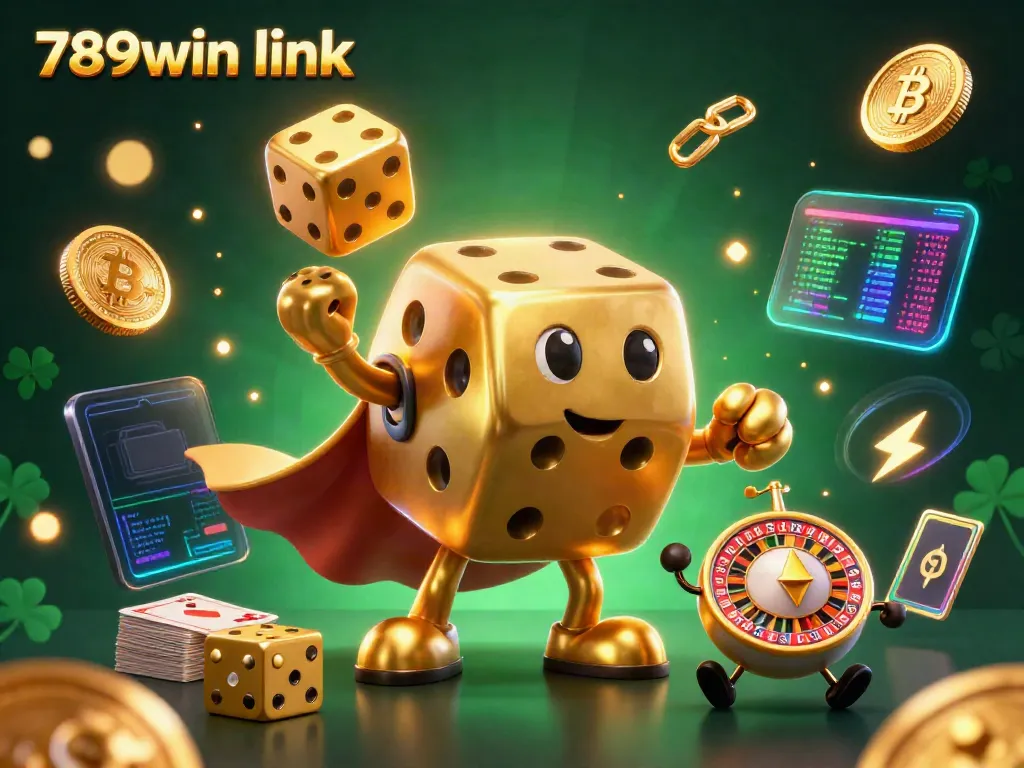 Engage with the thrilling 789win link scene featuring a golden dice golem and vibrant crypto elements.
