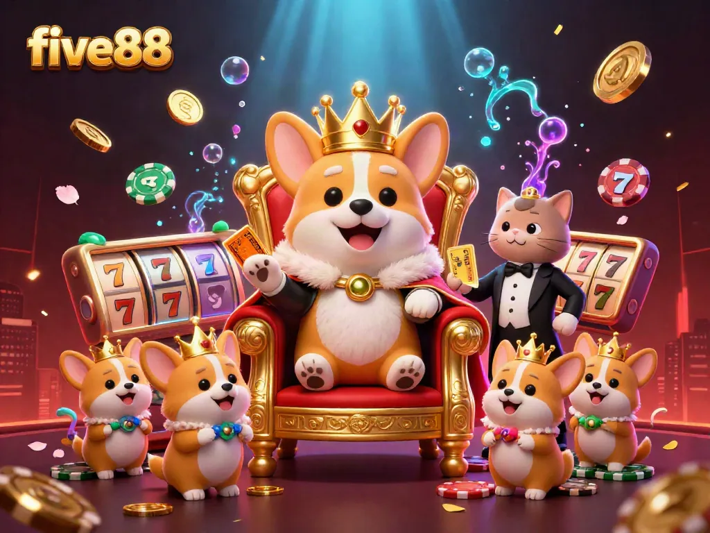 Experience the vibrant world of five88 with royal characters among lively casino elements.