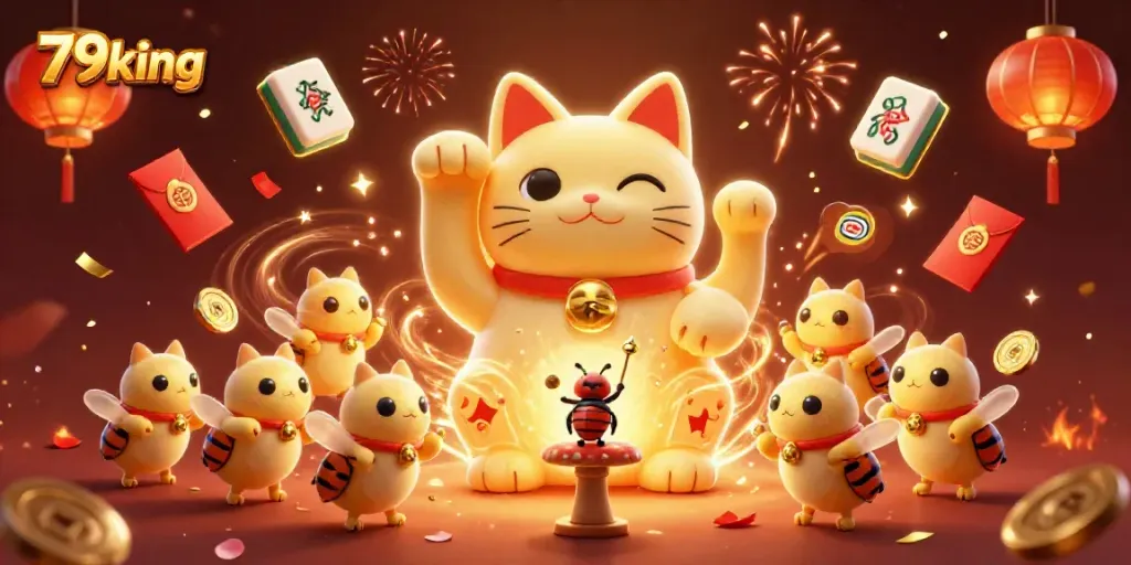 Engage in thrilling gameplay at 79king with a vibrant illustration of a lucky cat formed by golden fireflies amidst dynamic casino elements.