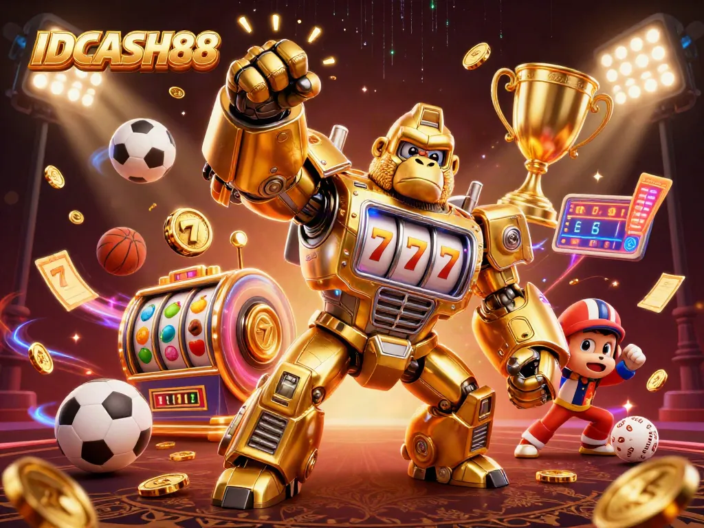 Experience thrilling wins with IDCASH88 at the slot machines, featuring a dynamic gorilla mech.