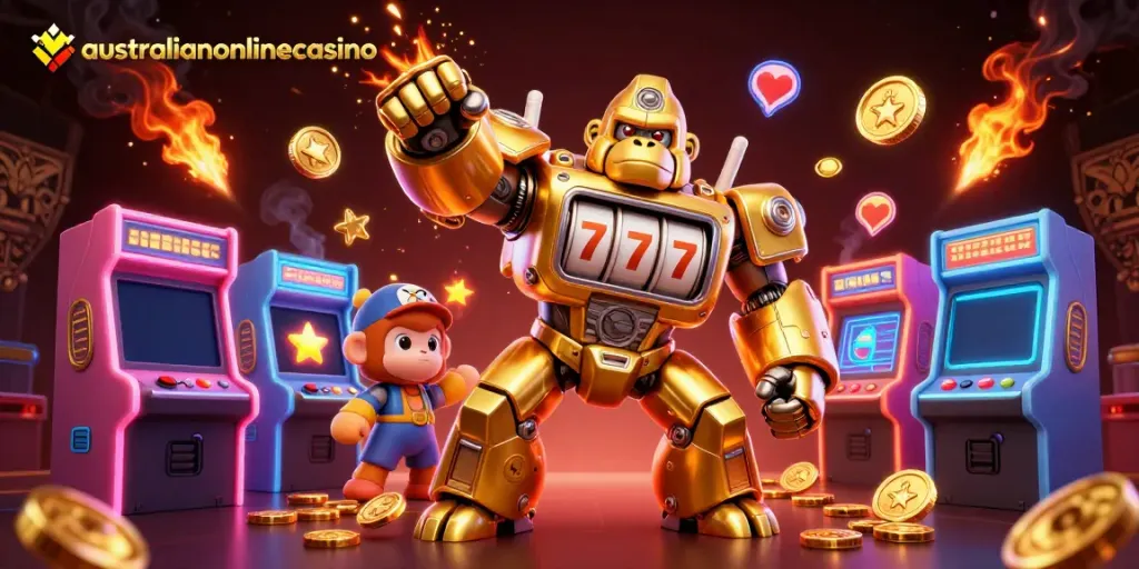 Experience the excitement of australianonlinecasino with vibrant 3D casino elements featuring a golden gorilla mech.
