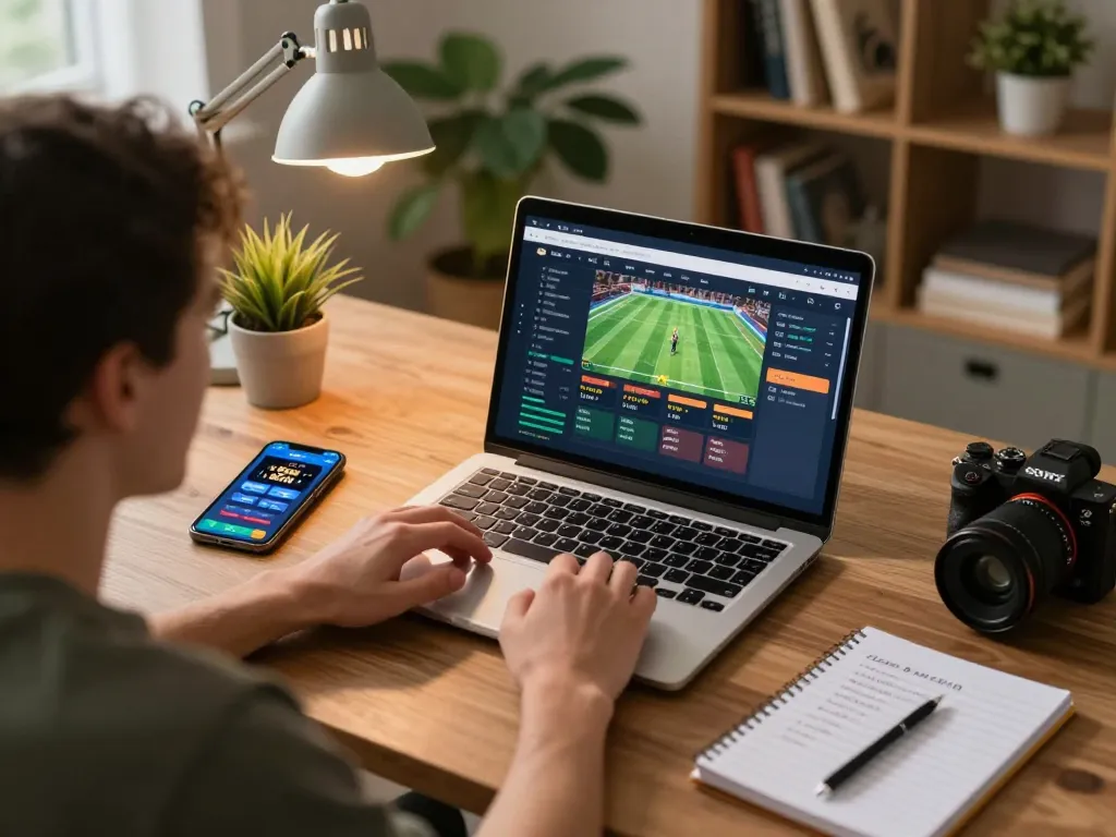 F168 user engaging in online sports betting from a cozy home office setup, showcasing strategic gameplay.
