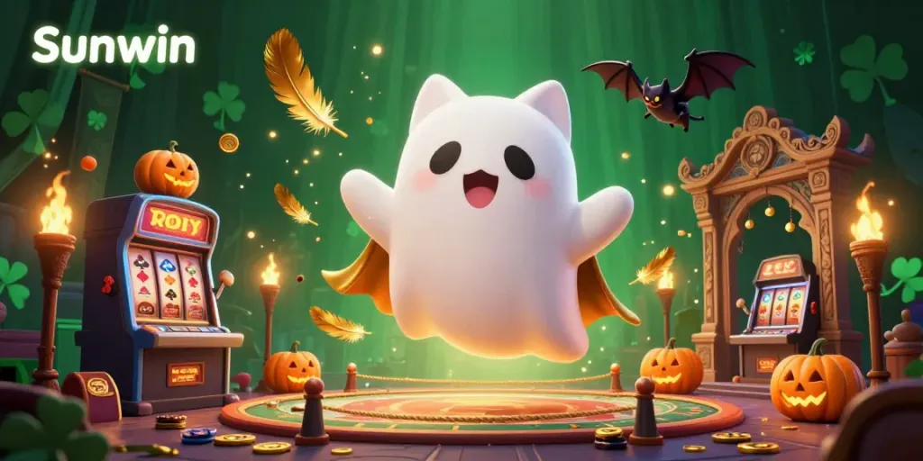 Engage in thrilling gaming adventures at Sunwin with a ghostly cat and vampire bat in a haunted casino scene.