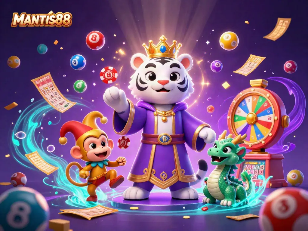 Experience the thrill of winning at MANTIS88 with its vibrant casino-themed illustration.