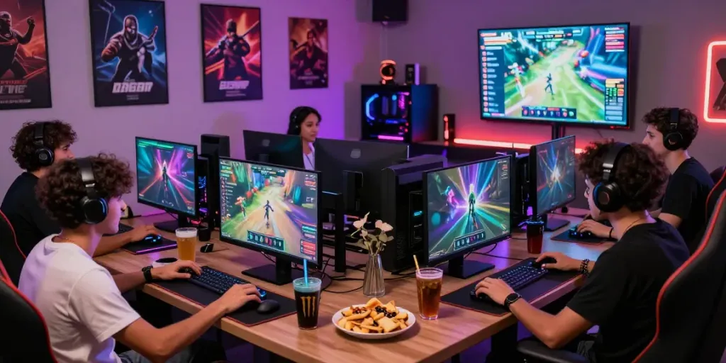 Friends gaming together in vibrant setup showcasing rokok88 login on high-end PCs.