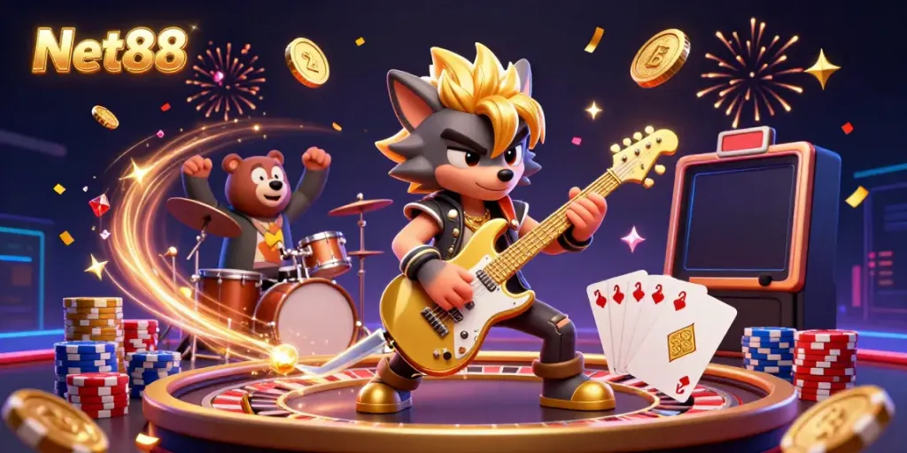 Experience the thrill of Net88 with a vibrant casino atmosphere featuring a rock star wolf and colorful gaming elements.