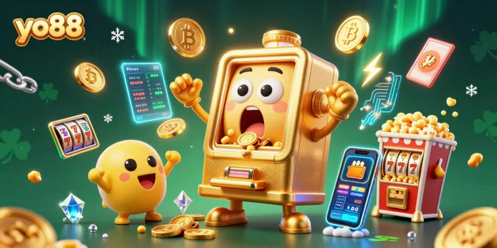 Experience winning excitement with yo88's golden slot machine hitting the jackpot amidst a celebration of coins.