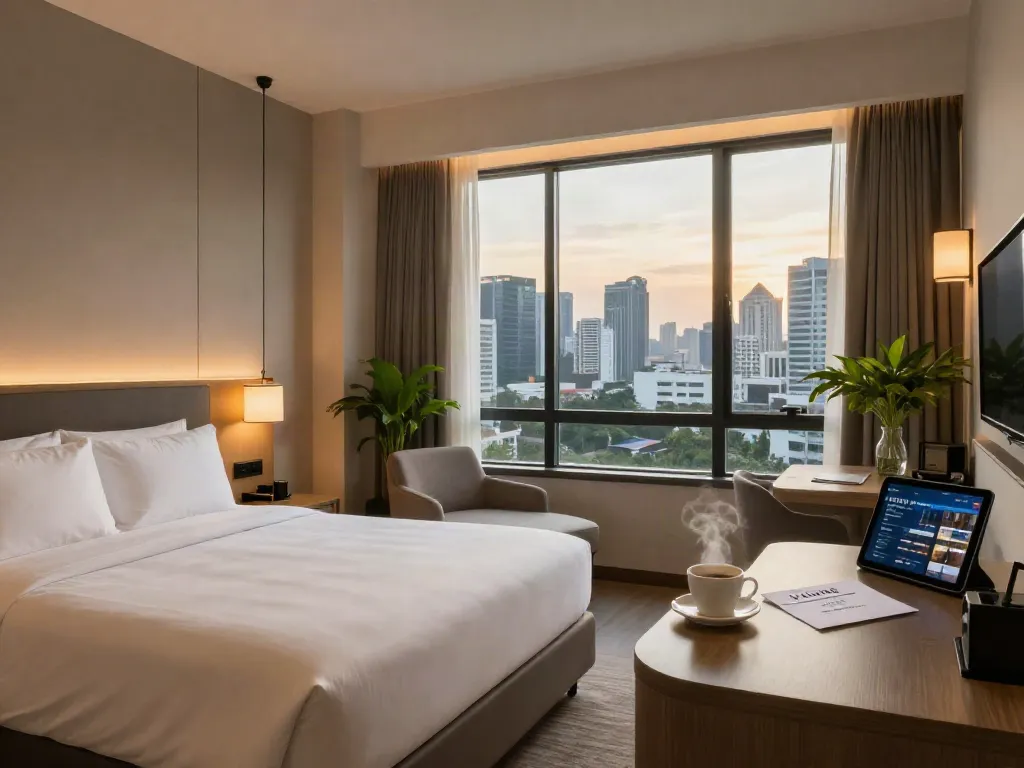 Comfortable hotel room at ROKOK88 in Kebayoran Baru, featuring a city view and modern amenities.